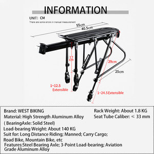 WEST BIKING <span class=keywords><strong>Porte</strong></span>-bagages arrière en acier à dégagement rapide pour <span class=keywords><strong>vélo</strong></span> avec <span class=keywords><strong>porte</strong></span>-bagages et réflecteurs réglables en aluminium pour siège arrière de <span class=keywords><strong>vélo</strong></span> - Product Image 4