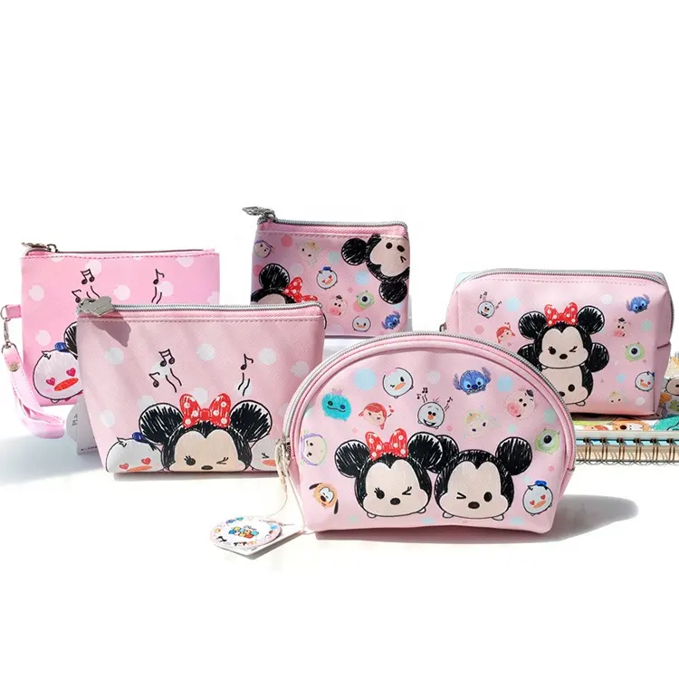 Wostu — porte-monnaie véritable Disney, sac de rangement pour pièces de monnaie, sac de rangement pour clé rose, sacs cosmétiques pour femmes, maquillage, 5 pièces