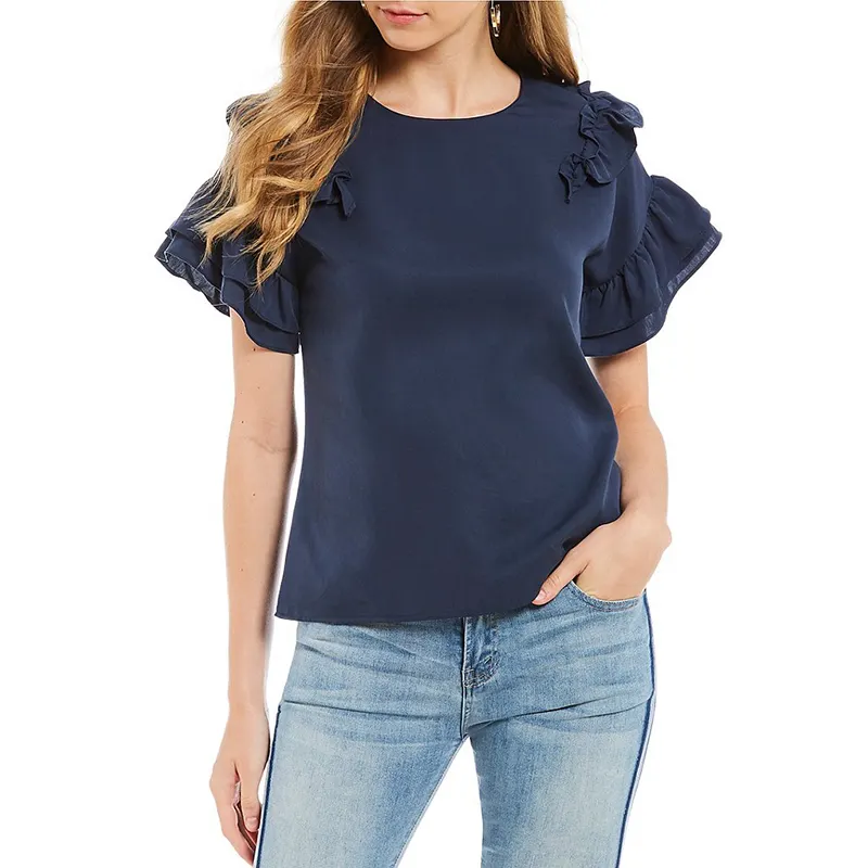 Le Donne Casuali di Estate Mary a Più Livelli Volant Camicetta Del Manicotto Scollatura Rotonda Maniche Corte Ruffle Dettaglio Spalla Pullover Top