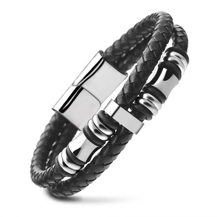 high quality promotion wholesale silver stainless steel buckle black genuine leather braided mens bracelet jewelry