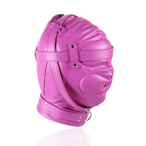 Leather pink Blue <strong>Bondage</strong> Hood With Lock System for Slave Play or Restrains