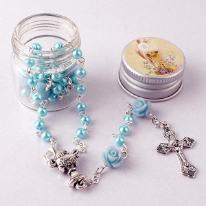 Rosario Cattolico per Prima Comunione <span class=keywords><strong>con</strong></span> Perle di Vetro da 4mm e Perle di <span class=keywords><strong>Corallo</strong></span> Rosa, Collana per Battesimo <span class=keywords><strong>con</strong></span> Scatola in Vetro e Adesivo a Forma di Calice - Product Image 4