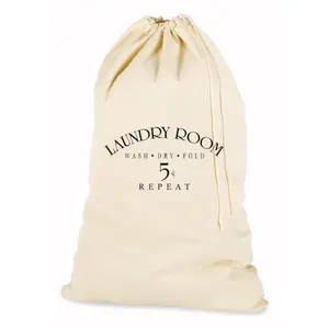 Saco de roupa de lavanderia com zíper, logotipo de hotel comercial personalizado com estampa reutilizável lavável bolsa de roupa de pano de polialgodão branco