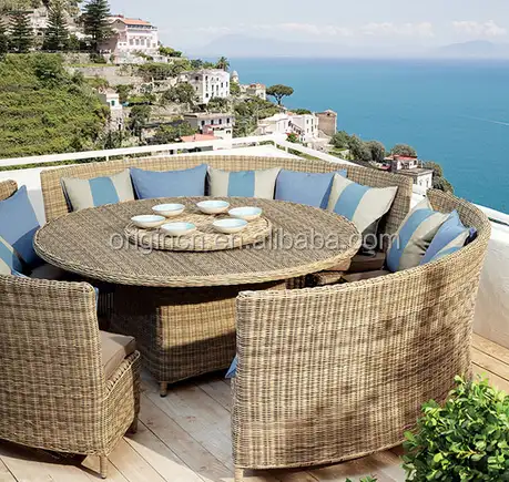 Banco de sofá curvo de mimbre de estilo italiano, mesa redonda con diseño perezoso susan, muebles de comedor para exteriores, restaurante