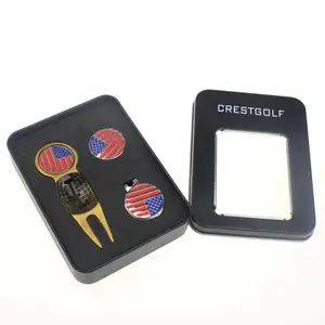 Crest golf New product wholesale high quality golf divot tool sets with gift box with golf marker line golden color