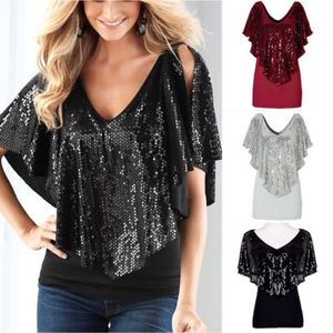 Summer Fashion <strong>Tops</strong> Women Flutter Sleeve V Neck <strong>Sequin</strong> Blouse Casual Solid Breathable Shirts - Product Image 1