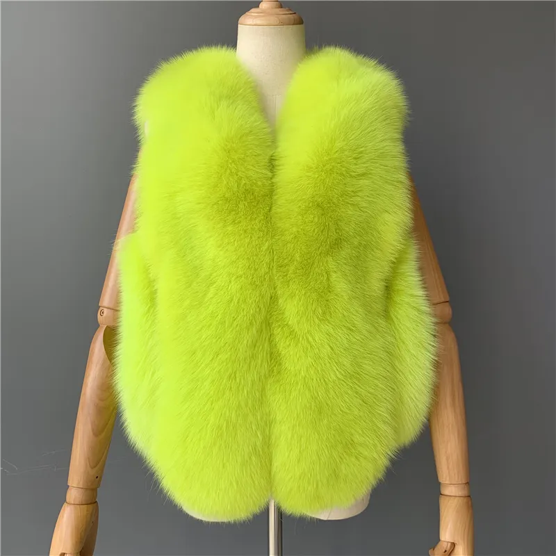 Kaemao — Gilet à fourrure chaude, couleur vert néon, Gilet de luxe, court et chaud, en renard