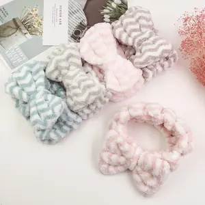 Fashion soft plush elastic cute wave point bowknot towel headband spa hairband for ladies Darenshow