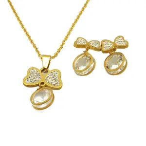 Beautiful Full Diamond Gold Butterfly Charm Pendant Earrings Bridal Jewelry Set