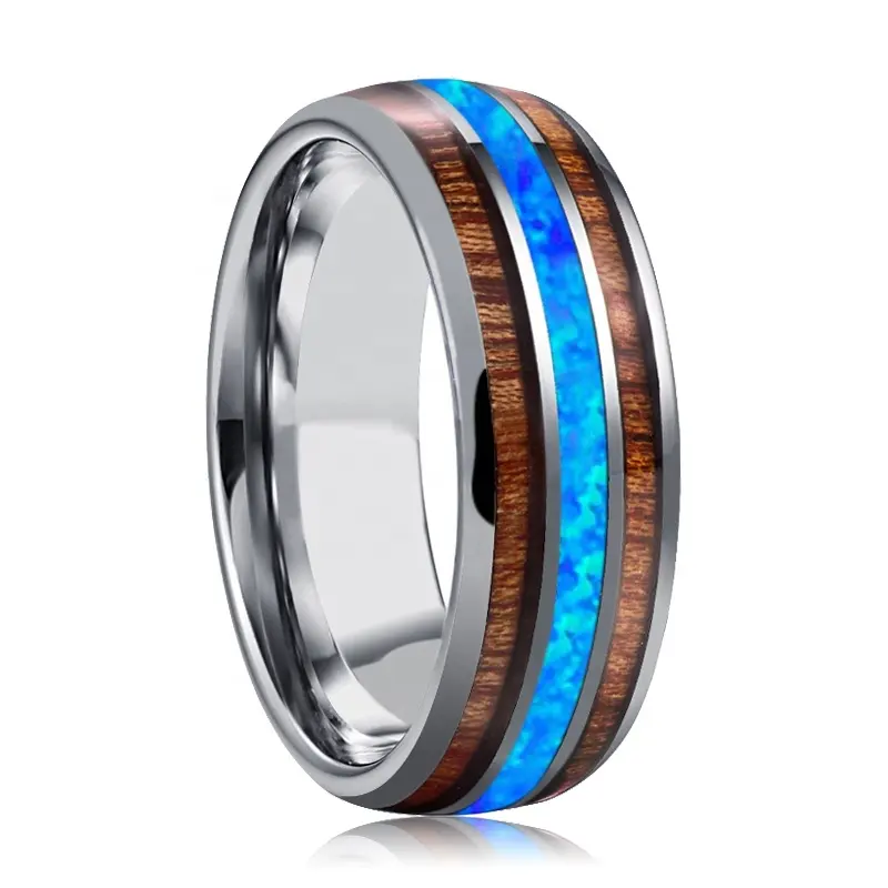 Tùy Chỉnh Mái Vòm Đôi KOA Gỗ Và Màu Xanh Thực Tế Opal Tungsten Wedding Ring Men Jewelry
