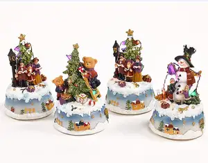 Cute Christmas polyresin winter scene music box with colorful LED S/4 indoor decoration