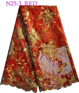 N25-3赤卸売アフリカ刺繍フレンチレースブライダル生地アリババエクスプレスフレンチネットレーススパンコール付き