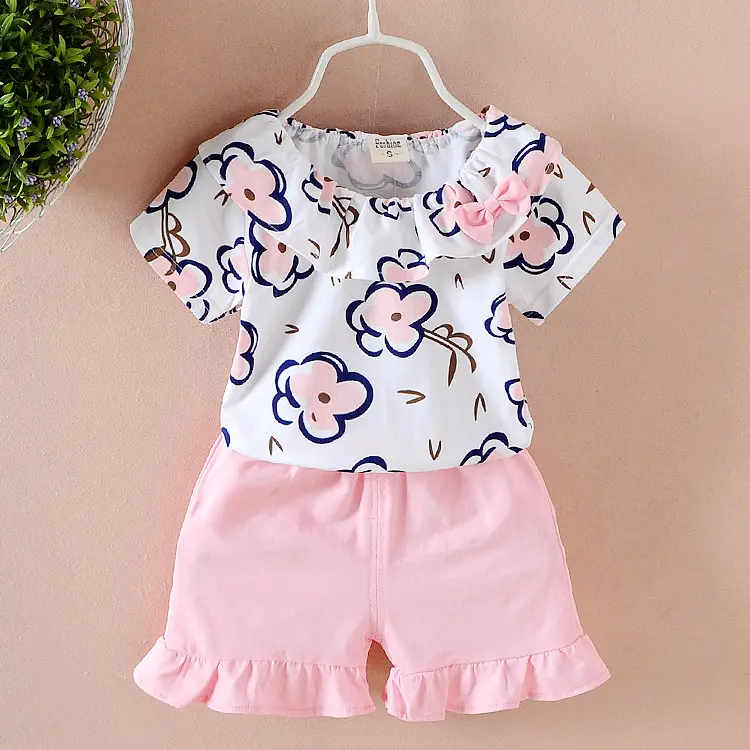 Shorts infantil estampado floral, shorts fofos e confortáveis com manga curta, roupas infantis boutique, 2019