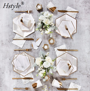 Joli réglage de bande d'or pour 8 assiettes de luxe serviettes tasses fête d'anniversaire approvisionnement mariage douche nuptiale vaisselle ensembles PP258-B - Product Image 6