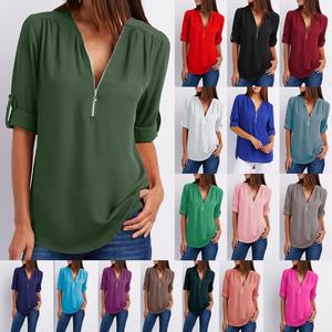Blus Chiffon Kasual Vintage Wanita Kerah V Resleting Setengah Ukuran Besar Plus Longgar Fit Panjang Musim Gugur Vintage Blusa Feminina Vestidos - Product Image 2
