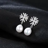 Czcity brincos em forma de floco de neve, brincos com gota, prata esterlina 925 elegantes, joias finas de pérola para água doce