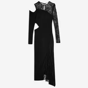 Round Neck Lace Mesh One Cut Out Shoulder Long Sleeves Crystal Maxi Halter Neck Evening Lady Clothing Women Formal Dress