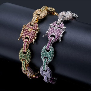 Bracciale a Catena con Zirconi Colorati da 12MM, Gioielli Hip Hop da Uomo, Gioielli Placcati in Ottone, Chiusura Personalizzata, Bracciale con Zirconi Cubici - Product Image 3