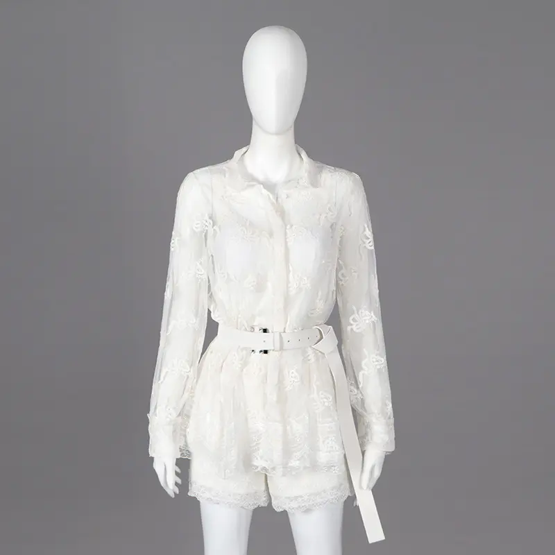 Yeni Varış Kadın Set Beyaz Şeffaf Zarif Dantel Nakış üst bluz ve Iç Sutyen Yelek Zip Up Şort dantel kumaş