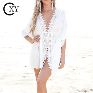 Custom Ladies 100% Rayon Open Front Crochet Trim Beach Dress Bikini Cover Up