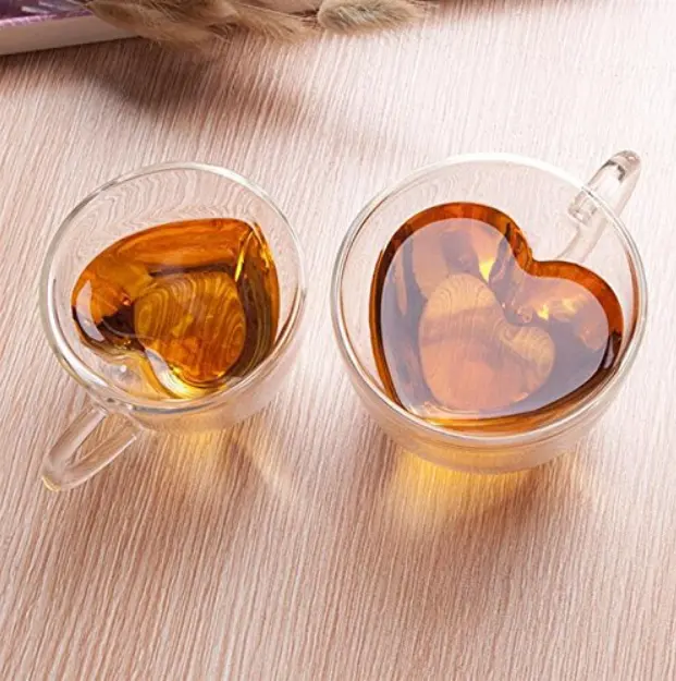 Clear Double Wall Heart Shaped Recycled Drinking Glass Tea Cups With Handle Lovers Coffee Afternoon Tea Double Layer Glass Mug
