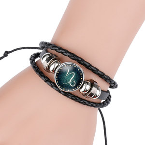 Mulit-capas 12 Constelaciones pulseras de botón de cristal luminoso <span class=keywords><strong>pareja</strong></span> aleación hecha a mano cuero trenzado pulseras del zodiaco regalo - Product Image 3
