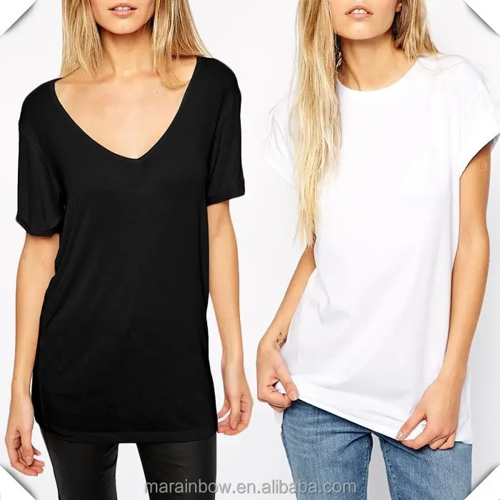 Black Cotton Plain Women Summer Deep V Neck T Shirts White Blank Cotton O Neck Short Sleeve T Shirts Wholesale China