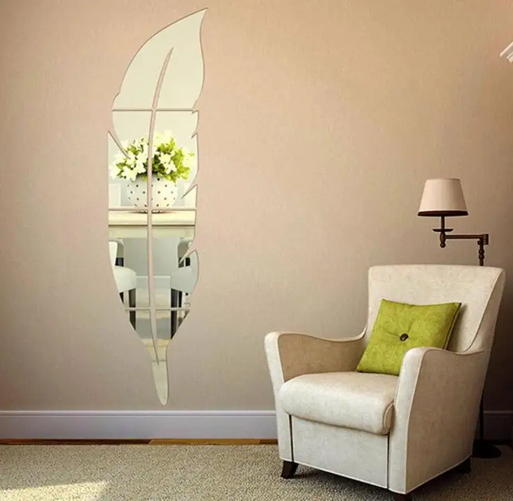 Papel دي parede espelho الحديثة DIY ريشة مرآة الاكريليك الجدار ملصق 3D الرئيسية ديكور المنزل