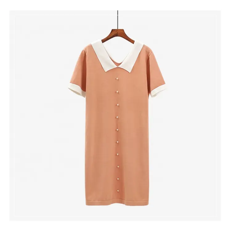 Summer Beaded Knee-length Short Sleeve Doll Collar Knit Thin Shift Dress Women