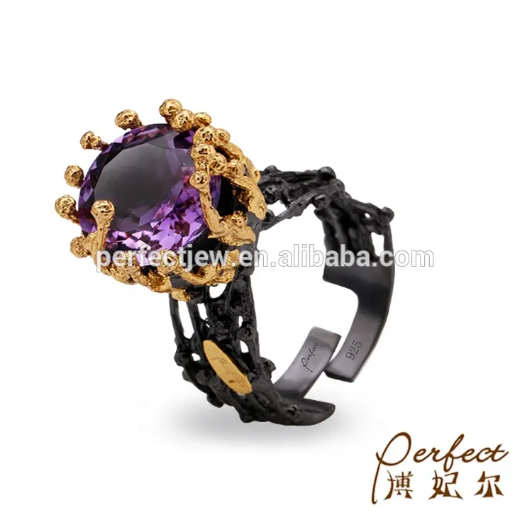 Sun Design Big Amethyst 925 Sterling Silver Ring With Black Plated for Men