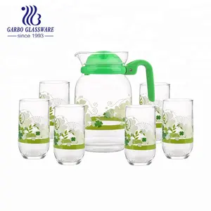 7pcs kunden spezifische Designs bedruckte Glas wasserkrug mit Glas becherset geblasenes Glas Trink set Wasserkrug mit Deckel Highball Tassen