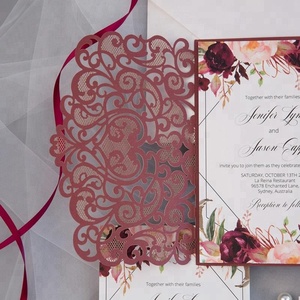 Invitation de poche en <span class=keywords><strong>dentelle</strong></span> découpée au <span class=keywords><strong>Laser</strong></span> bordeaux bon marché pour cartes de <span class=keywords><strong>mariage</strong></span> et cartes d'invitation d'anniversaire avec cartes RSVP - Product Image 4