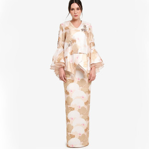 Malezya Baju kumuslim müslüman kadın krep elbise uzun kollu nakış pullu dantel Gambar Baju <span class=keywords><strong>Kebaya</strong></span> ile