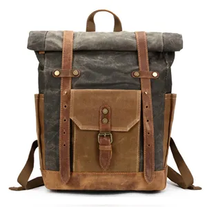 In Stocks Waxed Canvas Rolltop rucksack Leather backpack men Roll top laptop backpack