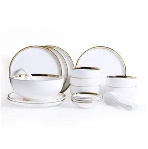 Offre Spéciale 26 pièces or blanc Ensemble de dîner Assiettes de Restaurant En Porcelaine Fine Vaisselle En Céramique