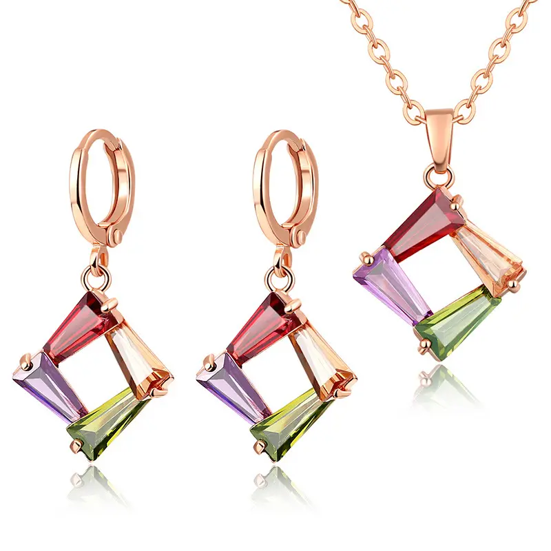 3pcs Simple Design Rose Gold Plated Multicolor Square Cubic Zirconia Crystal Pendant Earrings and Necklace Wedding Jewelry Set