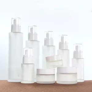 白色玻璃磨砂化妆品包装乳液喷雾瓶膏霜瓶与白帽