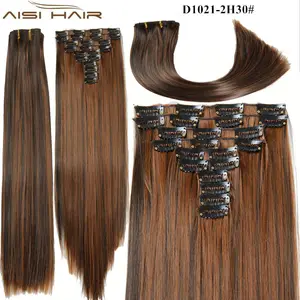 Aisi cabelo atacado 25 polegadas de seda em linha reta, resistente ao calor, sintético, 22 grampos em extensões de cabelo para mulheres negras