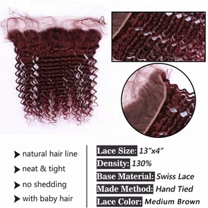 Burgundy Sóng Sâu Brazil Trinh Tóc <span class=keywords><strong>Weave</strong></span> Với 13*4 Ren Phía Trước Đóng Cửa # 99J Rượu Vang Đỏ Sâu Xoăn - Product Image 2