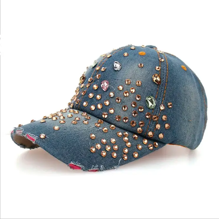 Gorra de béisbol con diseño de diamantes de imitación a la moda, barata, 6 paneles, vaquera, deportiva, ostentosa sombra, tachonada