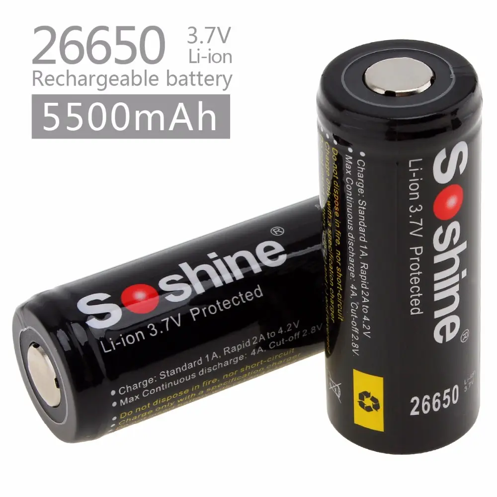 2ピース/ロットSoshine 26650 Battery 5500mAh 3.7V 26650 Protected Rechargeable Li-ion Batteries Cell PCB 26650 Battery