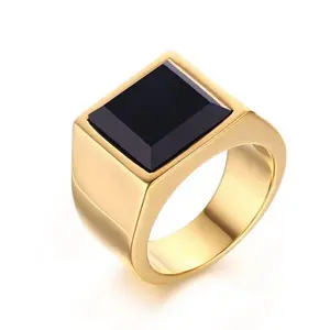 18 18k Gold Plated Stainless Steel Retro Black Onyx Men Domineering Ring Engagement Wedding Ring Jewelry For Mens