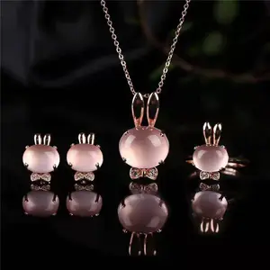 S925 โมซัมบิกธรรมชาติ rose quartz น่ารักกระต่ายน้อย stud ต่างหูสร้อยคอจี้แหวนเครื่องประดับชุดสำหรับผู้หญิง