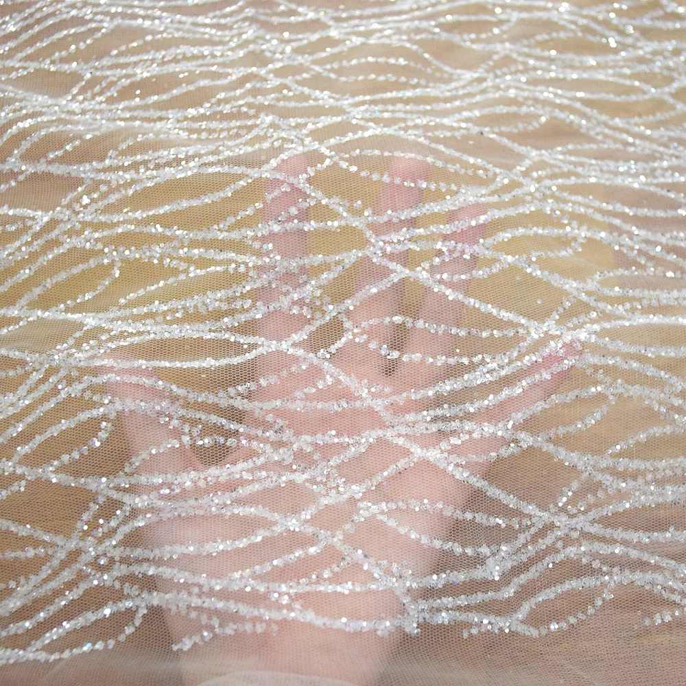Élégant français blanc brillant paillettes dentelle mariage robe de mariée net dentelle tissu HY0623-3