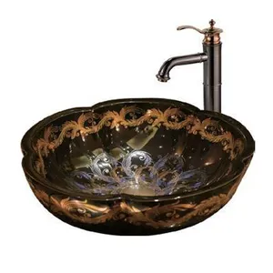 Hot sales golden and black porcelain hand painted flower vessel sink