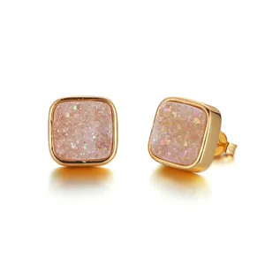Agate quartz stone square shape costume jewelry earring, fashion crystal druzy stud earring for women