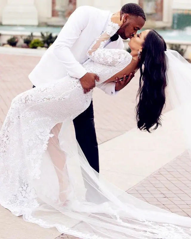Brand Latest African Lace Long Sleeves Wedding dress Sexy Mermaid Bridal dress Deep V Neck Backless Bridal Gowns Plus Size