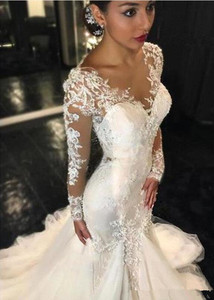 Nuevos Vestidos de Novia de Encaje Estilo <span class=keywords><strong>Sirena</strong></span>, Estilo Árabe Africano de Dubái, Mangas Largas, Cola de Pez, Vestidos de Novia Hechos a Medida - Product Image 3