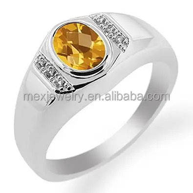 Bulat Citrine Safir 925 Sterling Silver Cincin untuk Pria