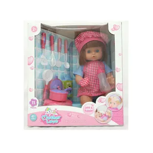 ふりプレイキッチンアクセサリーとドリンクバブル機能を備えた16インチのおもちゃの女の子の人形